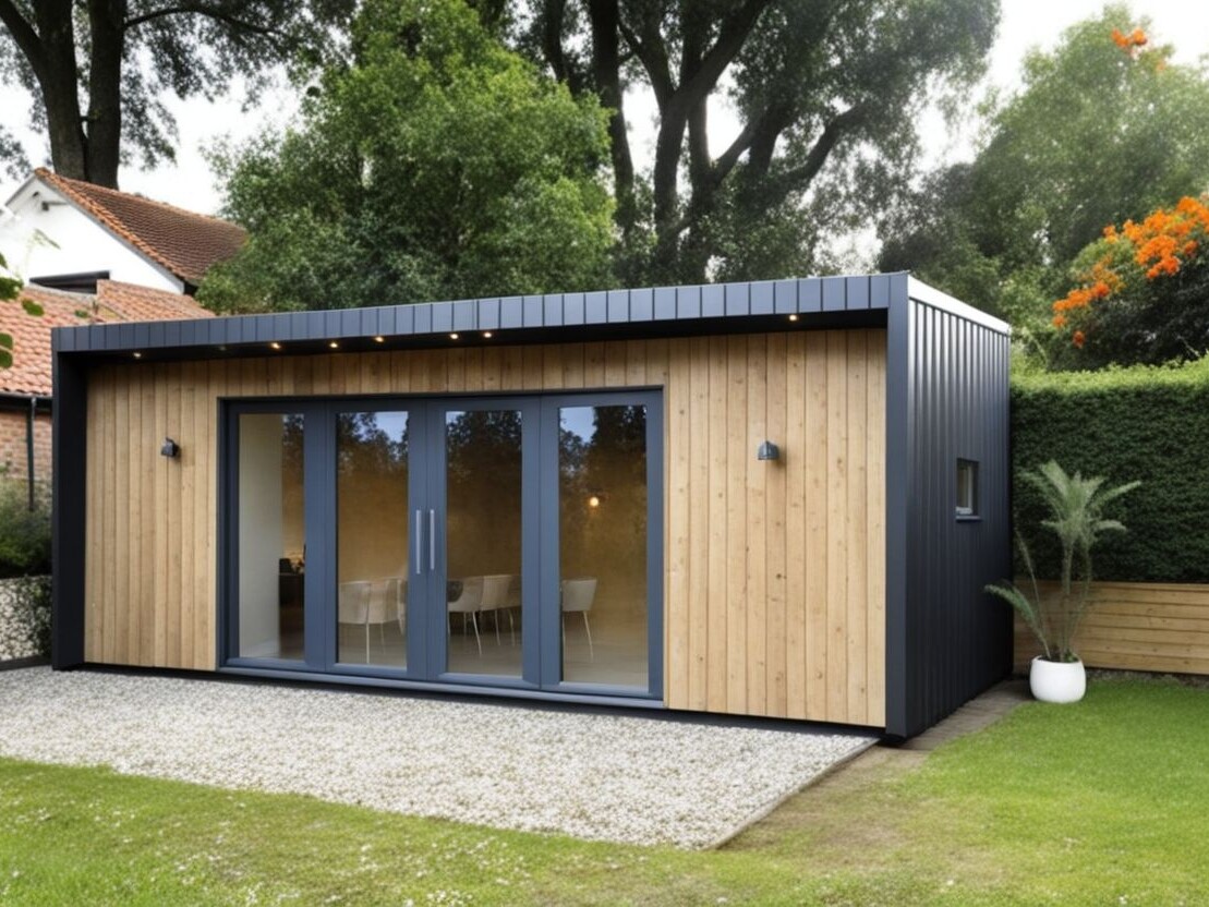 Classic garden room with a mixture of light wood effect and grey cladding finish, with grey bifold doors, designed as a garden dining area.