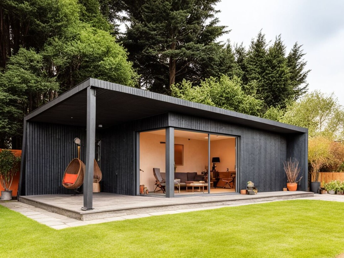 Contempo garden room with black cladding finish and grey sliding door, designed as a garden lounge.