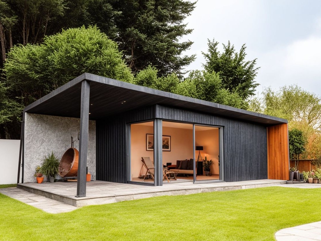 Contempo garden room with black cladding finish and grey sliding door, designed as a garden lounge.