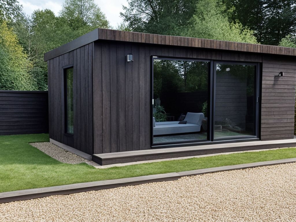 Contempo garden room with dark brown cladding finish and black sliding doors, designed as an outdoor lounge.