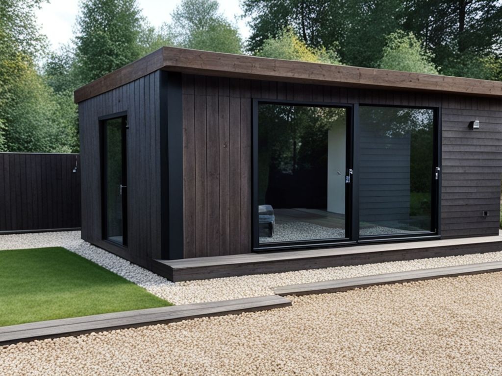 Contempo garden room with dark brown cladding finish and black sliding door, designed as external bedroom for guests.