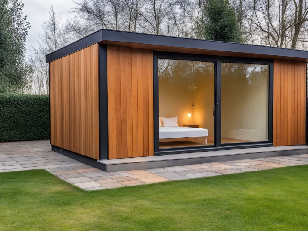 Contempo garden room with timber effect cladding finish and dark grey sliding door, designed as external bedroom for guests.