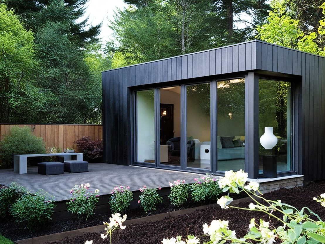 Contempo garden room finished with black cladding, grey sliding doors, and composite decking, designed as a garden lounge.
