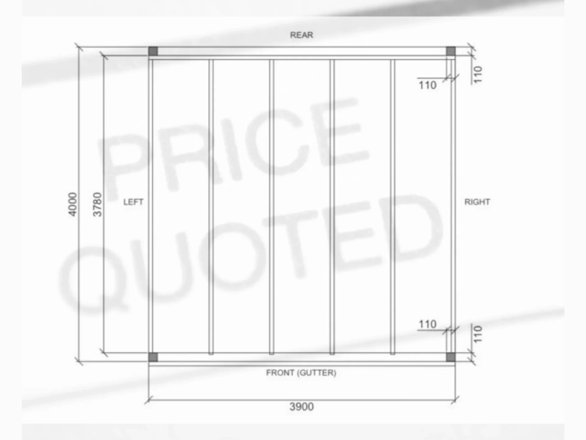 A glass roof veranda drawing plan, measuring at 4m x 4m.