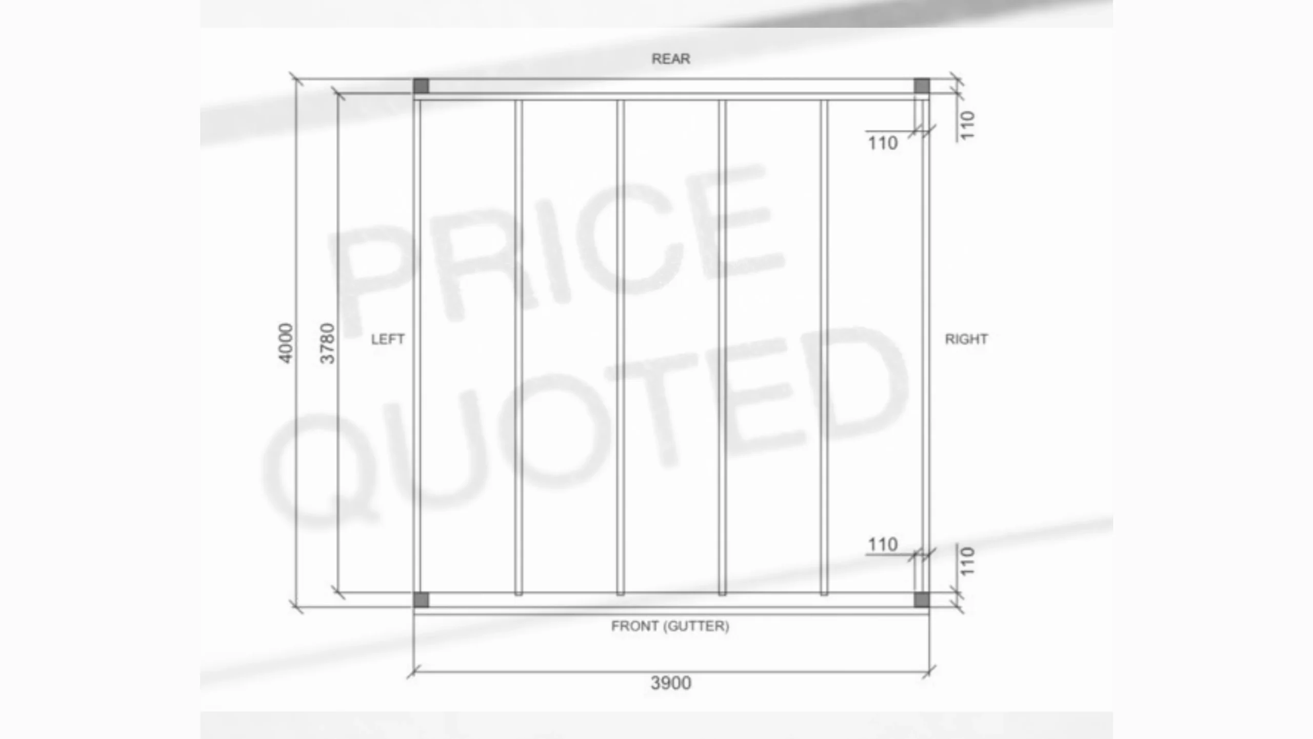A glass roof veranda drawing plan, measuring at 4m x 4m.